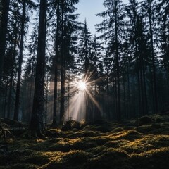 Obraz premium Sunbeams Illuminating a Mystical Evergreen Forest