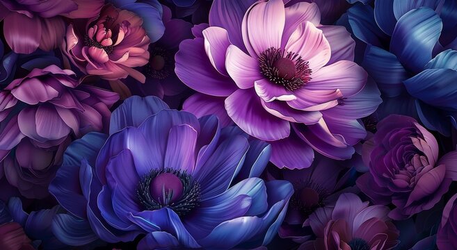 flor de peon&iacute;a de color violeta oscuro y rosa rodeada de otras flores, como rosas azules y tulipanes violetas