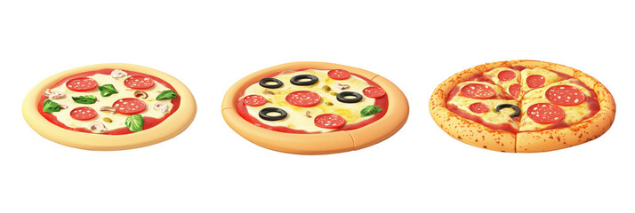 Colorful pizza varieties displayed, featuring toppings like mushrooms, pepperoni, olives, and basil. Three distinct pizza styles showcased., isolated on transparent background, png