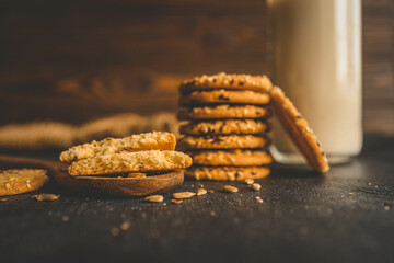 Homemade cookies with siftings and flax and a bottle of milk, good morning