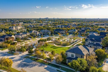 Aerial view of a suburban neighborhood featuring real estate developments lush green spaces residential blocks and parks vibrant community bright daylight real estate insights