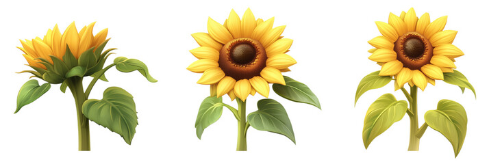 Sunflower growth stages, vibrant yellow petals, green leaves, detailed illustration, isolated on transparent background, png
