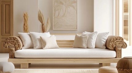 Fototapeta premium Elegant wooden sofa with neutral cushions in a serene interior setting