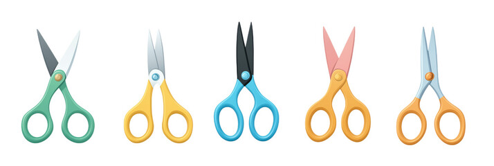 Colorful scissors collection, featuring five distinct pairs in various colors and styles, including green, yellow, black, pink, and orange., isolated on transparent background, png