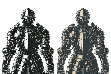 Medieval knight in armor and helmet, engraving style, vector illustration.