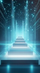 Futuristic glowing stairs leading upwards in a digital space.