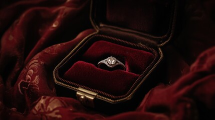 Elegant diamond ring in luxurious velvet box on rich fabric background