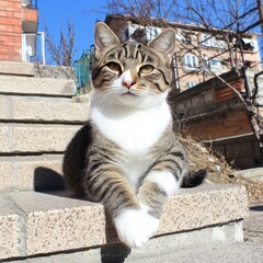 Tabby Cat Posing on Stone Steps Outdoors in Sunshine