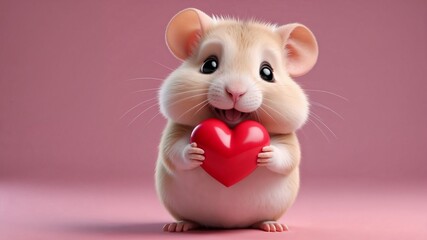 Hamster with red heart in 3d style. Romantic background for Valentines day. AI Generated.