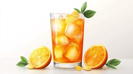 Refreshing lemon iced tea in glass with ice cubes and fresh orange slices, perfect for a summer picnic.