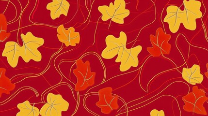 Autumnal Leaf Pattern Design: A Vibrant Red and Gold Print