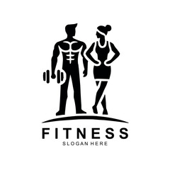 Fitness logo, Gym logo design template, with silhouettes of bodybuilders, vector illustration