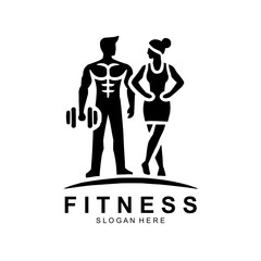 Fitness logo, Gym logo design template, with silhouettes of bodybuilders, vector illustration