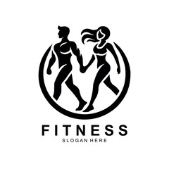 Fitness logo, Gym logo design template, with silhouettes of bodybuilders, vector illustration