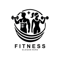 Fitness logo, Gym logo design template, with silhouettes of bodybuilders, vector illustration
