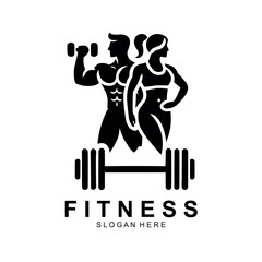 Fitness logo, Gym logo design template, with silhouettes of bodybuilders, vector illustration