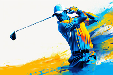 Abstract illustration of a golfer in action with full of energy against a vibrant color. Concept illustration.

