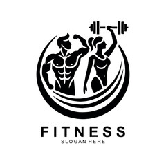 Fitness logo, Gym logo design template, with silhouettes of bodybuilders, vector illustration
