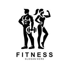 Fitness logo, Gym logo design template, with silhouettes of bodybuilders, vector illustration