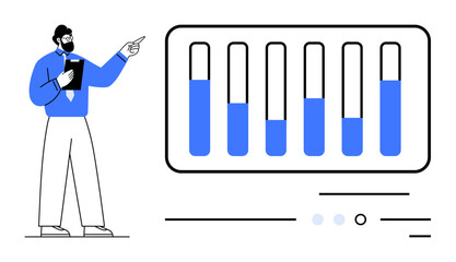 Business professional presenting bar graph with six vertical bars of varying heights, holding a clipboard, pointing with one hand. Ideal for presentations, data analysis, business reports, finance