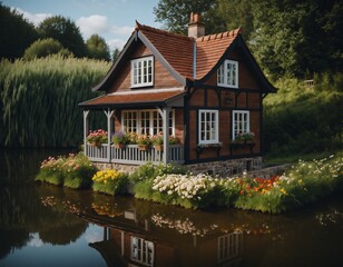 Obraz premium Charming Cottage by a Serene Pond Surrounded by Vibrant Flowers