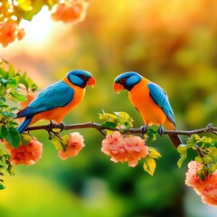 Fototapeta premium Two Colorful Birds Perched on Blooming Branch