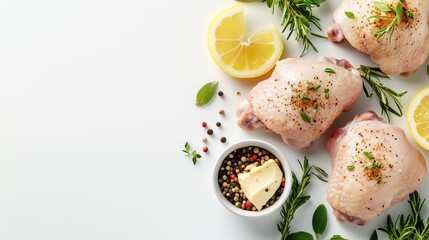 Fresh chicken thighs with herbs and lemon for cooking