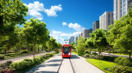 A vibrant urban landscape with electric public transport, lush green spaces, and eco-friendly design, highlighting sustainable and modern city living.
