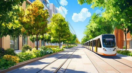 A vibrant urban landscape with electric public transport, lush green spaces, and eco-friendly design, highlighting sustainable and modern city living.