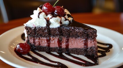 Delicious Chocolate Cake Slice with Cherry and Whipped Cream Topping