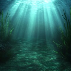 Naklejka premium Underwater Scene Sunbeams Illuminate Ocean Floor and Seaweed