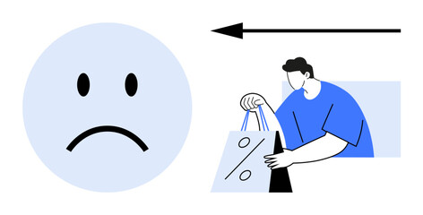Sad face alongside left-pointing arrow towards a person holding shopping bags. Ideal for retail returns, customer dissatisfaction, refund policies, shopping experience, business losses, sales