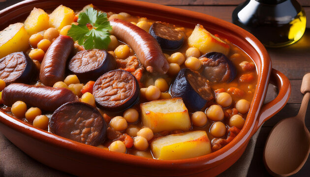 Guiso casero de garbanzos, morcilla, chorizo, carne y verduras en una bandeja de barro sobre una mesa de un restaurante