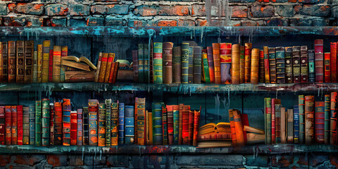 Antique Books on Weathered Shelves Against Brick Wall