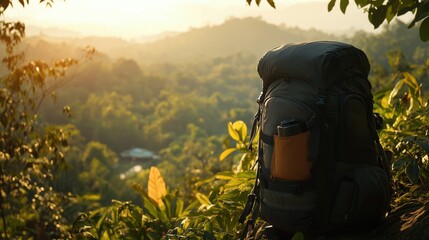 Fototapeta premium Backpack on a Scenic Trail Surrounded by Lush Green Wilderness