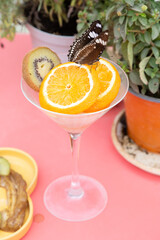 A martini glass with sliced oranges and kiwi topped with a butterfly