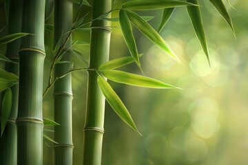 A close-up of bamboo leaves, with a blurred background and sunlight filtering through the green branches. 
