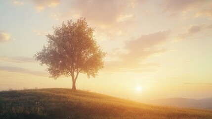 Obraz premium Serene Countryside Scene with a Lone Tree at Sunset