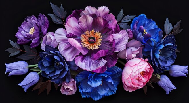 flor de peon&iacute;a de color violeta oscuro y rosa rodeada de otras flores, como rosas azules y tulipanes violetas