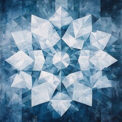 Obraz premium Intricate Symmetrical Geometric Snowflake Formed by Intersecting Lines and Angles in Icy Tones of Blue and White Creating a Striking Abstract Holiday or Winter Themed Design