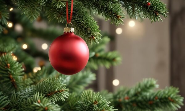 A Christmas ornament on a branch of a fir tree, evergreen branches, holiday decor, hanging ornaments