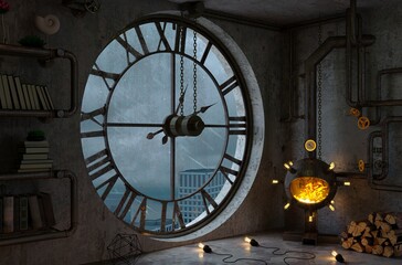 Room with fireplace cyberpunk concept