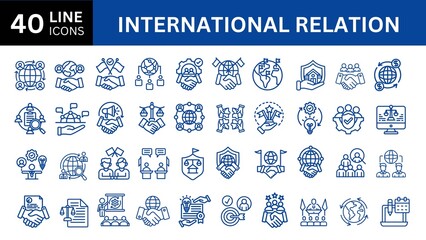 Set of 40 outline icons related to international relations. Linear icon collection. Editable stroke. Vector illustration