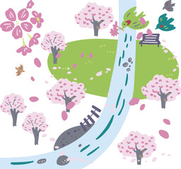 満開の桜の公園の俯瞰図　ストックイラスト素材
