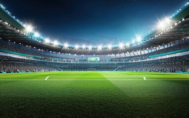 A large modern football stadium under bright lights, with lush green grass and stands filled with cheering fans, captured at nighttime, creating an energetic and anticipatory atmosphere
