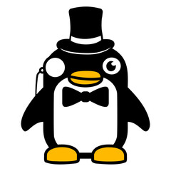 Penguin Gentleman Sir Mr. Top Hat Monocle Glasses Design Lover Art Vector Illustration Card T-Shirt Poster Sticker Graphic Print Decorative Drawing Isolated Logo Decoration Symbol Creative Cool Style