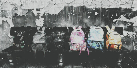 Five Backpacks on Bench Against Weathered Wall