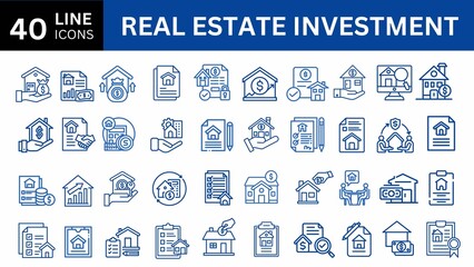 Real Estate Investment Line Editable Icons set property, buying, selling, investment, renting, house, home. Outline icon collection. Editable stroke. Vector illustration. 