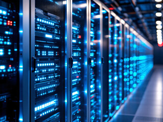 Naklejka premium Servers, Data Center, Technology, Racks, Hardware, Computing, Network, Storage, Blue Lights, Equipment, Infrastructure, Digital, IT, Cloud, Processing, High-tech, Computers, Blades, Cooling, Cables, M