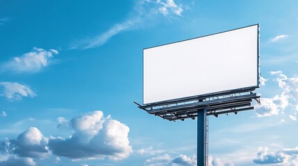 A blank billboard stands against a vibrant blue sky with fluffy white clouds, symbolizing creativity and advertising potential.